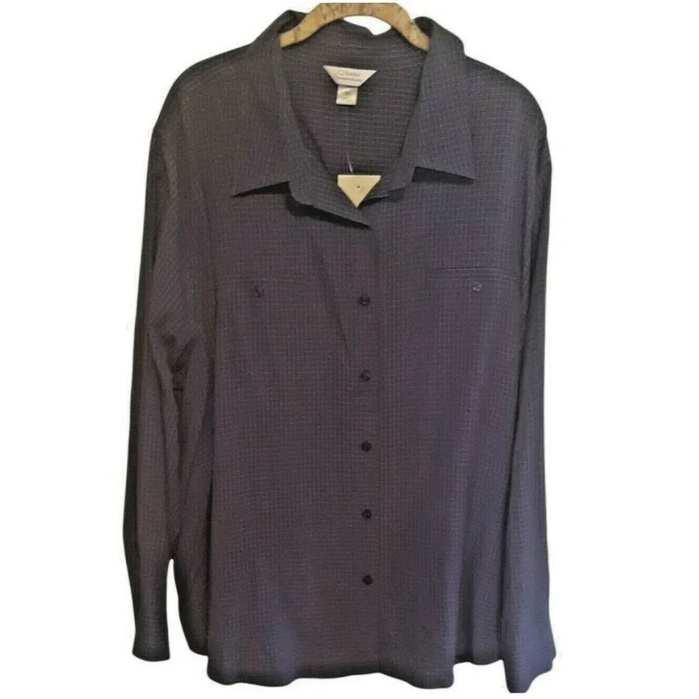 3X CJ Banks Women's Blue Plaid Long Sleeve Top Shirt Blouse
